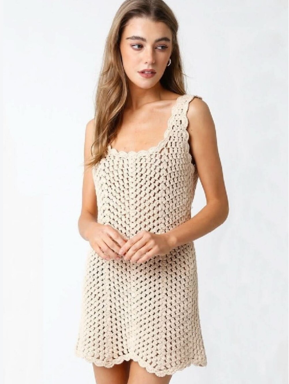 Beige Crochet Swim Cover Up Dress Beachwear Medium Summer Bathing Suit Scalloped